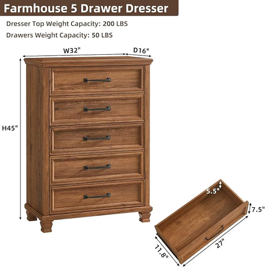 SAVOR LIFE Farmhouse 5 Drawer Dresser for Bedroom, 45” Tall Dressers & Chests of Drawers with Thickened Tabletop & Square Table Legs, Brown