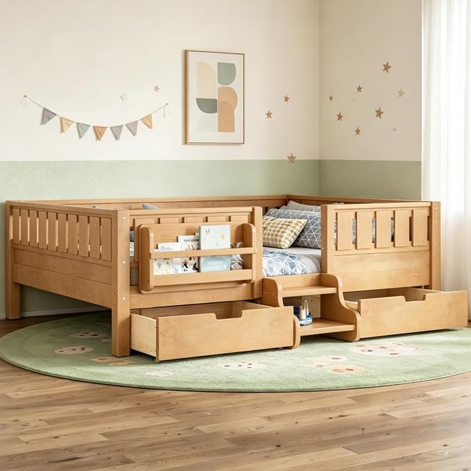 Bellemave Full Size Bed Frame with Storage Drawers & Bookshelf, Low Profile Kids Bed with Staircase & Full Length Guardrails, Solid Wood Full Size Bed Frame Kids with Slats Load 450 LBS, Natural
