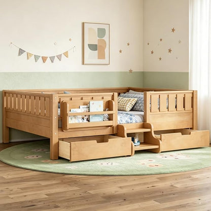 Bellemave Full Size Bed Frame with Storage Drawers & Bookshelf, Low Profile Kids Bed with Staircase & Full Length Guardrails, Solid Wood Full Size Bed Frame Kids with Slats Load 450 LBS, Natural