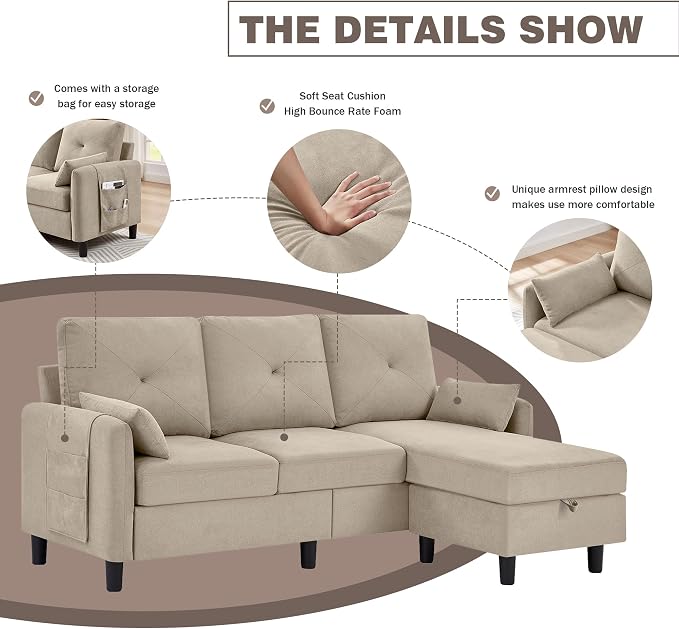 Convertible Sectional Sofa, 77" Small L Shaped 3 Seat Couch with Reversible Storage Chaise, Modern Polyester Fabric Sofa Couches for Living Room, Apartment and Small Space, Beige