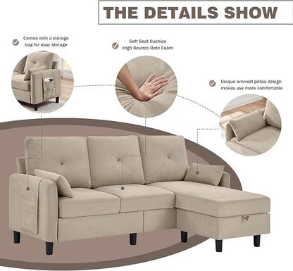 Convertible Sectional Sofa, 77" Small L Shaped 3 Seat Couch with Reversible Storage Chaise, Modern Polyester Fabric Sofa Couches for Living Room, Apartment and Small Space, Beige