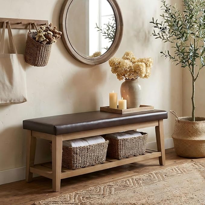 HUIMO Entryway Shoe Bench with Cushion, End of Bed Bench,Upholstered Bench for Kitchen, Bench with Solid Wood Shelf, Leather Ottoman Bench for Hallway, Living Room (PU-Brown)