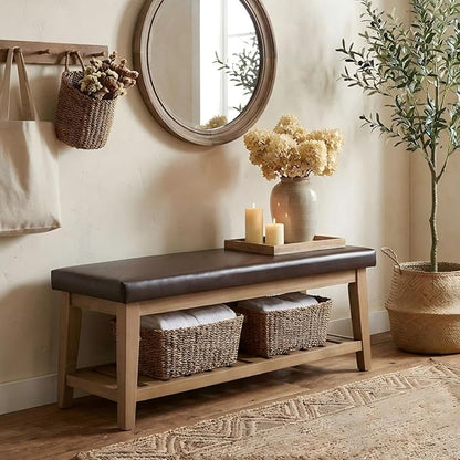 HUIMO Entryway Shoe Bench with Cushion, End of Bed Bench,Upholstered Bench for Kitchen, Bench with Solid Wood Shelf, Leather Ottoman Bench for Hallway, Living Room (PU-Brown)