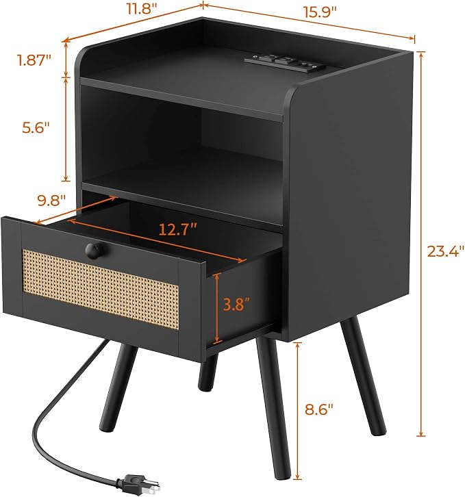 SUPERJARE Nightstands with Charging Station, Bedside Table Set of 2 with PE Rattan Drawers, Rattan Side Table with Storage & Solid Wood Feet, End Table for Bedroom, Black