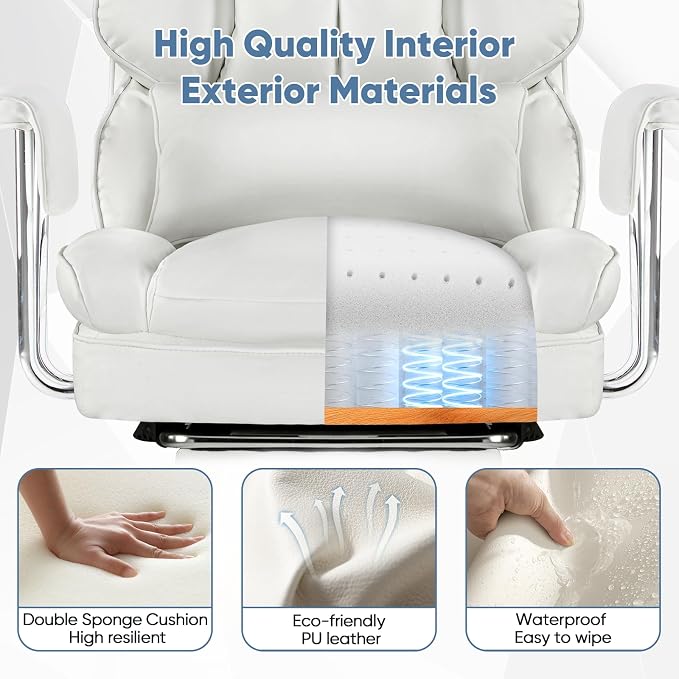 DUMOS Home Office Desk Executive Chair, Big Tall High Back, Snow White | Ergonomic Chair with Footrest & Lumbar Support, Height Adjustable, Comfy PU Leather Computer Gaming with Swivel Wheels