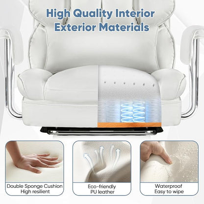 DUMOS Home Office Desk Executive Chair, Big Tall High Back, Snow White | Ergonomic Chair with Footrest & Lumbar Support, Height Adjustable, Comfy PU Leather Computer Gaming with Swivel Wheels