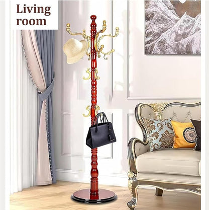 Wooden Coat Rack Freestanding, Hall Tree Hanger With Resin Hooks, Adjustable Heavy Duty Coat Rack for Hanging Clothes Bags Hats in Living Room Bedroom (coat rack, Round Base-Begonia Color)
