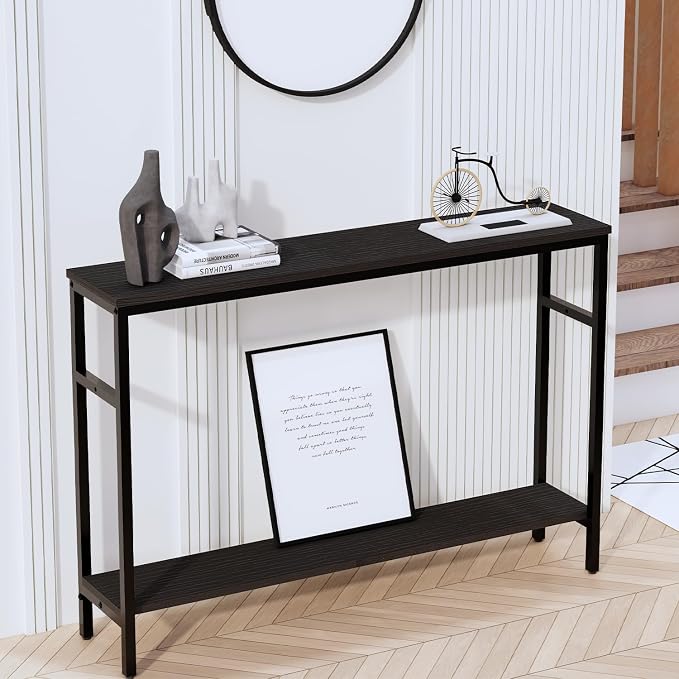 Timberer Narrow Console Table, 47 Inch Sofa Table with Adjustable Shelf, 2-Tier Long Skinny Table for Hallway, Entryway, Living Room, Foyer, Black