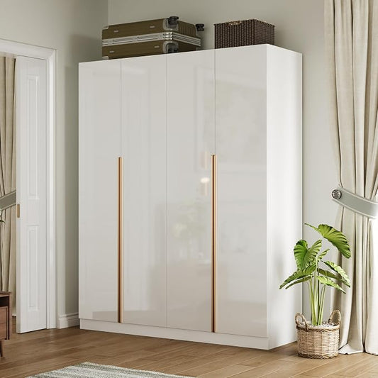 Homsee 63" W Wardrobe Closet Armoire with 4 Glossy Doors, Wooden Bedroom Clothing Storage Cabinet with 3 Hanging Rods & 10 Storage Compartments, White
