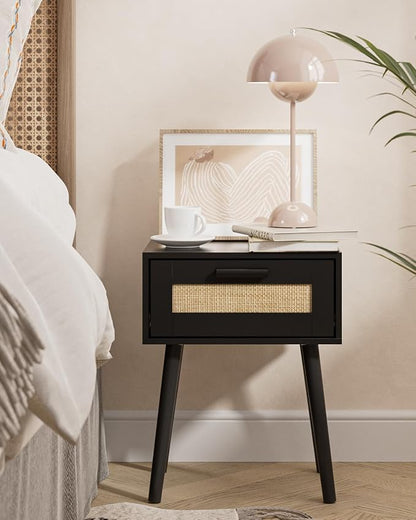 Aienvey Bedroom Nightstands Wooden Night Stands with Rattan Weaving Drawer Home Bedside End Table for Bedroom Storage (Bohemian-Black)