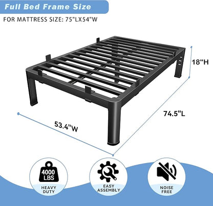 18 Inch Full Size Bed Frame, Reinforced Heavy Duty Metal Full Bed Frame with Rounded Corner & No-Slip Mattress Grip, 4000LBS Squeak-Free Platform Bed Frame with Headboard Holes Easy Assembly