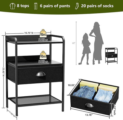 Nightstands Set of 2, Bedside Table with 1 Fabric Drawer, Open Mesh Shelf, End Table Side Table with Storage Drawer Dresser, Wear-Resistant Metal Frame, Bedroom, Black