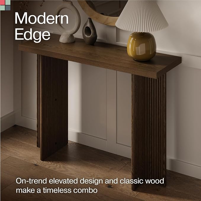 Stead Fluted Console Table - Slim Entryway Table for Narrow Hallways - Natural Wood Console with Curved Cross Base & Mid-Century Modern Style - Walnut