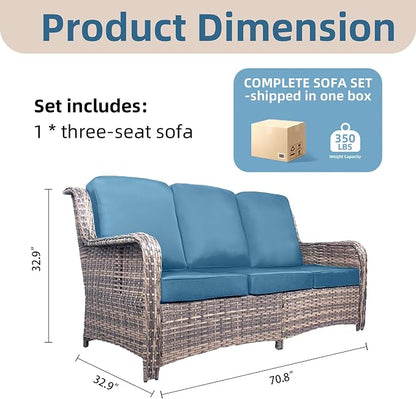 Outdoor Patio Sofa, Outdoor Wicker 3 Seater Sofa with High Back, Deep Seating, Wide Armrest, Thickened Cushions for Deck, Porch Use, Peacock Blue