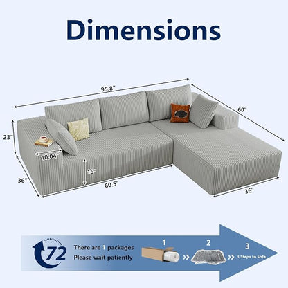 96" Modular Sectional Sofa, Modern Corduroy Cloud Couch with Deep Seat, Boneless Couch Upholstered 3-Seater L-Shaped Sofa for Living Room, No Assembly Required (Light Grey, Right-Facing Chaise)