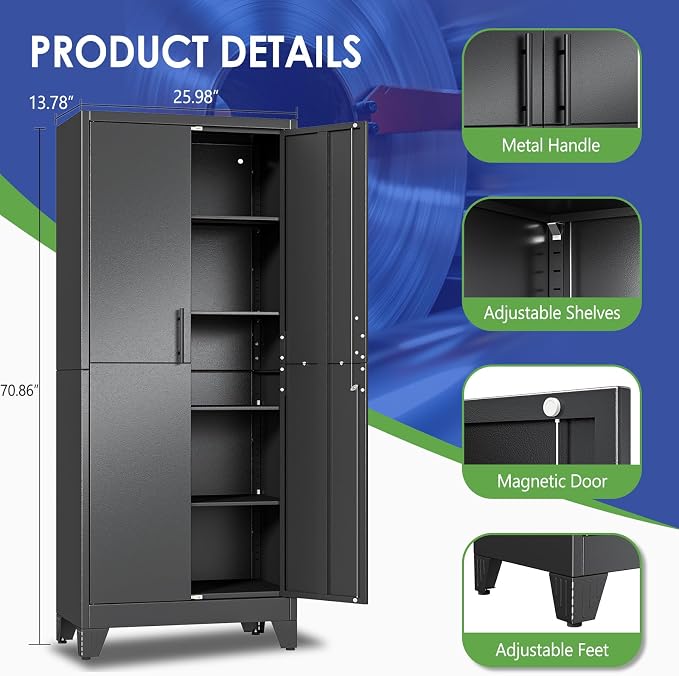 71" Metal Garage Storage Cabinet with Locking Doors and 4 Adjustable Shelves, Steel Tool Cabinets for Home,Office,Garage,Warehouse (Black, 71''H x 26''W x 14''D)