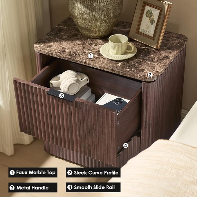 Fluted Nightstands Set 2 with Faux Marble Top, Modern Bedside Table | FSC-Certified Engineered Wood, 24" H, 2 Drawers, Rounded Corner, Metal Handle, for Bedroom, Dark Oak