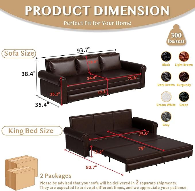 93.7" King Size Sleeper Sofa Bed, Pull Out Sofa Bed, Faux Leather Upholstery, 3 in 1 Convertible Sleeper Couch, Chaise Lounge, Retro Recliner for Living Room, Office, Apartment, Dark Brown