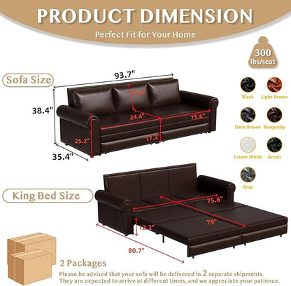93.7" King Size Sleeper Sofa Bed, Pull Out Sofa Bed, Faux Leather Upholstery, 3 in 1 Convertible Sleeper Couch, Chaise Lounge, Retro Recliner for Living Room, Office, Apartment, Dark Brown