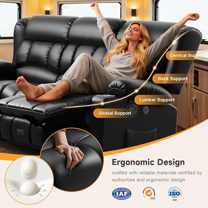 Loveseat Recliner Sofa with Flip Backrest Design, 3 Seat RV Recliner Sofa with USB Ports & Pockets, Wall Hugger Reclining Loveseat with Cup Holders & Drawer, RV Couch for Home Theater Seating