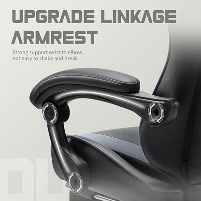 DUMOS Ergonomic Gaming Office Desk Chair with Footrest and Headrest for Adults, PU Leather Video Computer Chair with Linkage Armrests, Height Adjustable 360° Swivel Recling, Black Grey