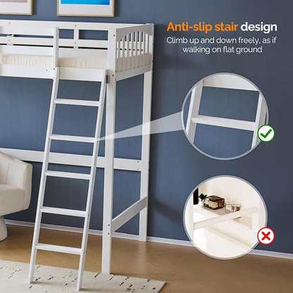 VINGLI Full Loft Bed with USB Charging Station/LED, Solid Wood Double Loft Bunk Bed with Flat Rungs for Kids/Teens/Adults, 15 inches High Guardrail,Wood Slat Support No Box Spring Needed, White