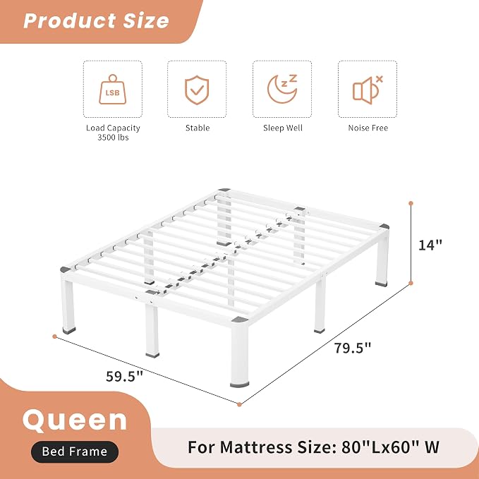 VIPSHOW 14 Inch White Queen Heavy Duty 3500 lbs Bed Frame with Round-Corner Legs & Anti-Squeak Design – Quick Assembly Metal Platform, No Box Spring Needed