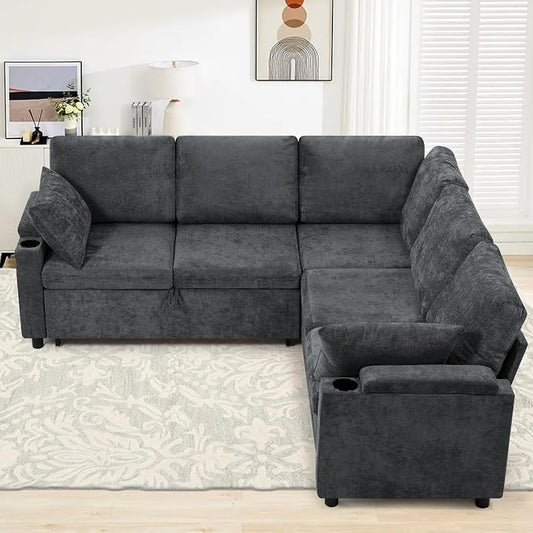 85" Chenille Sectional Sofa w/Pull Out Bed & Storage Space, Grey | Upholstery L Shaped Couch w/Cup Holders, Modern Corner Sofa w/USB Charging Port & Throw Pillow for Living Room