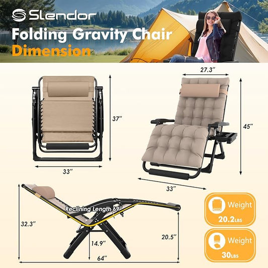 Slendor Oversized Zero Gravity Chairs XXL, Padded Zero Gravity Lounge Chair, Lawn Recliner, Folding Patio Reclining Chair w/Aluminum Alloy Lock, Headrest, Cup Holder, Support 500lbs, Khaki