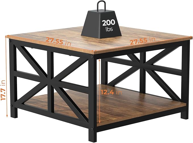 GreenForest Rustic Living Room Coffee Table with 2 Tier Storage | X Metal Frame Square Center Table with Seamless One-Piece Tabletop,27.55 inch Sofa Table,Scratch-resistant,Walnut
