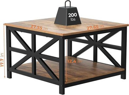 GreenForest Rustic Living Room Coffee Table with 2 Tier Storage | X Metal Frame Square Center Table with Seamless One-Piece Tabletop,27.55 inch Sofa Table,Scratch-resistant,Walnut