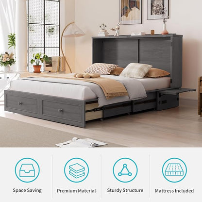 CECER Slate Grey Murphy Bed Cabinet with Mattress, Space-Saving Folding Bed