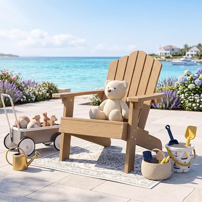 Giantex Kids Adirondack Chair, All-Weather HIPS Children's Outdoor Chair with Tilted High Backrest, Toddler Beach Chair for Garden Patio Backyard, Kids Lawn Chairs for Age 3-7 (1,Teak)