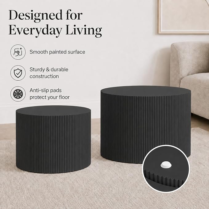 Otterease Round Coffee Table Set of 2, Modern Wooden Black Nesting Tables for Living Room, No Assembly Required Circle Side Tables Set Accent End Table for Bedroom, Balcony