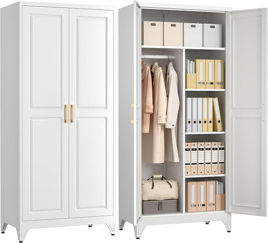 Polup Metal Armoire Wardrobe Closet, 71" Tall White Wardrobe Cabinet with 2 Doors, Hanging Rod and Adjustable Shelves, Steel Clothing Storage Cabinet for Bedroom, Home, Employee, Gym, Office