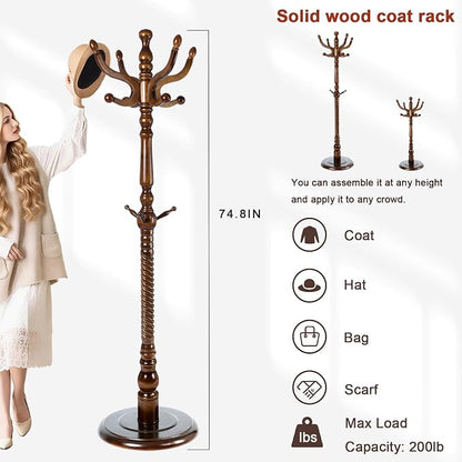 Coat Racks Freestanding, Natural Wood Coat Stands with 14 Hooks, 73" Heavy Duty Adjustable Height Vintage Hall Tree for Entryway, Bedroom, Office, Easy Assembly (Antique color)