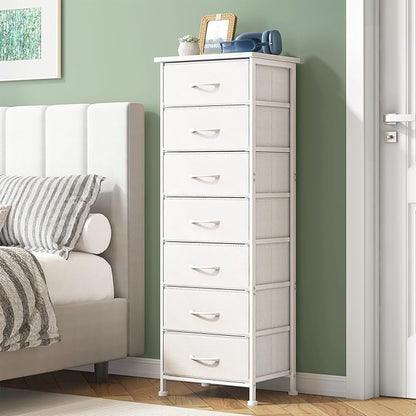 Fixwal Tall Narrow White Dresser for Bedroom, Storage Dresser Organizer in Closet with 7 Fabric Drawers, Nightstand for Dorm