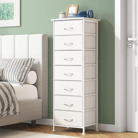 Fixwal Tall Narrow White Dresser for Bedroom, Storage Dresser Organizer in Closet with 7 Fabric Drawers, Nightstand for Dorm