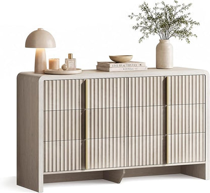 ModernMate Fluted 6 Drawer Dresser for Bedroom, 53.2" Wide Chest of Drawers, Modern Storage Cabinet with Anti-Tip Design, Wood Clothes Organizer with Metal Handles, White Alder