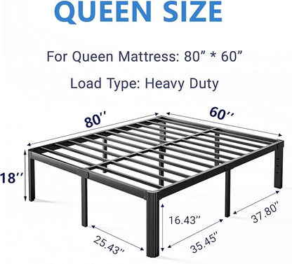 18 Inch High Platform Queen Bed Frame No Box Spring Needed, Metal Bed Frame Queen Size, Noise Free, Easy Assembly, Heavy Duty, Black