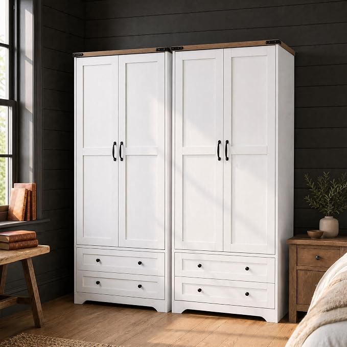 Yechen 71" Wooden Armoire Wardrobe Closet Set of 2- Modern Functional Clothes Tall Storage Cabinet with Adjustable Shelf and Hanging Rail, Sturdy Freestanding Closet with 2 Wide Drawers (White)