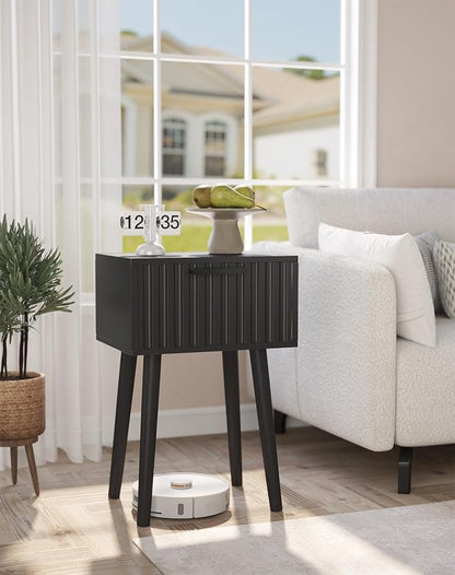 YMYNY Fluted Nightstand Set of 2, Small End Table, Modern Coffee Table with Drawer, Solid Wood Legs, Retaining Chain, 13.8" x 10.6" x 20.9", for Bedroom and Small Spaces, Black UHST014B-2
