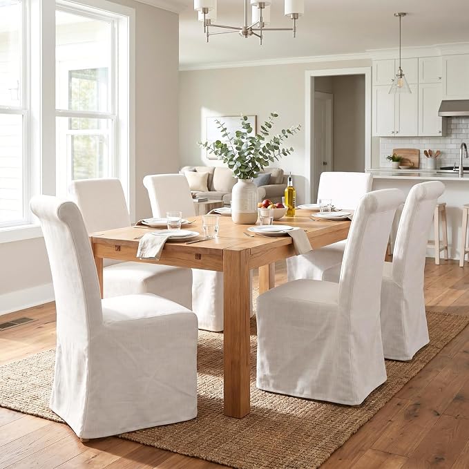 chairus Slipcovered Parsons Dining Chairs Set of 2, Upholstered Dining Room Chairs with Washable Linen Cover & High Back, Modern Farmhouse Wooden Side Kitchen Chairs, Cream White