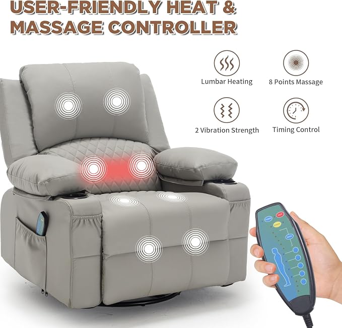 Faux Leather Recliner Chair with Heat and Massage Cup Holder, Overstuffed Swivel Rocker Recliner Chair Rocking Glider Chair Lounge Chair, Light Grey