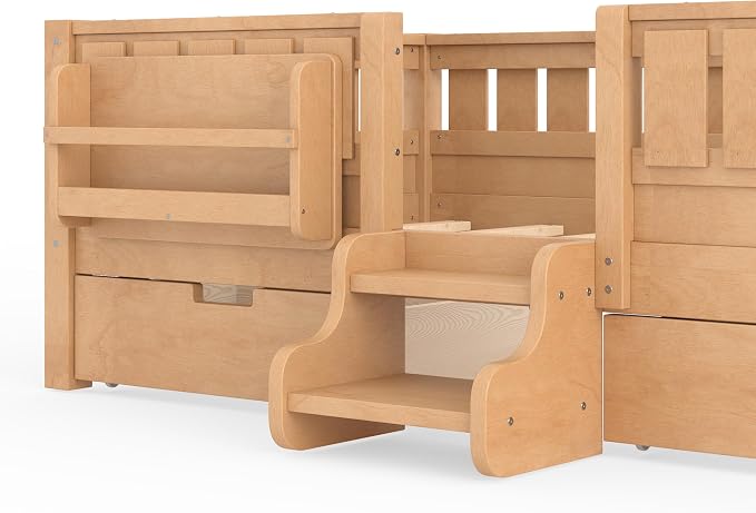 Bellemave Twin Size Kids Bed with high Rails and with Built-in Bookshelf and Drawers for Kids, Girls, Boys, Wood Montessori Bed Without Door, Light Natural