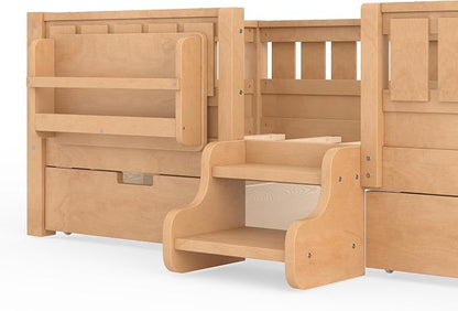 Bellemave Twin Size Kids Bed with high Rails and with Built-in Bookshelf and Drawers for Kids, Girls, Boys, Wood Montessori Bed Without Door, Light Natural