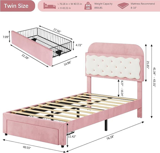 Garvee Twin Bed Frames, Velvet Upholstered Platform Bed with Biscuit Tufted Storage Headboard, Drawer, Sturdy Wood Slats, No Box Spring Needed, Easy Assembly