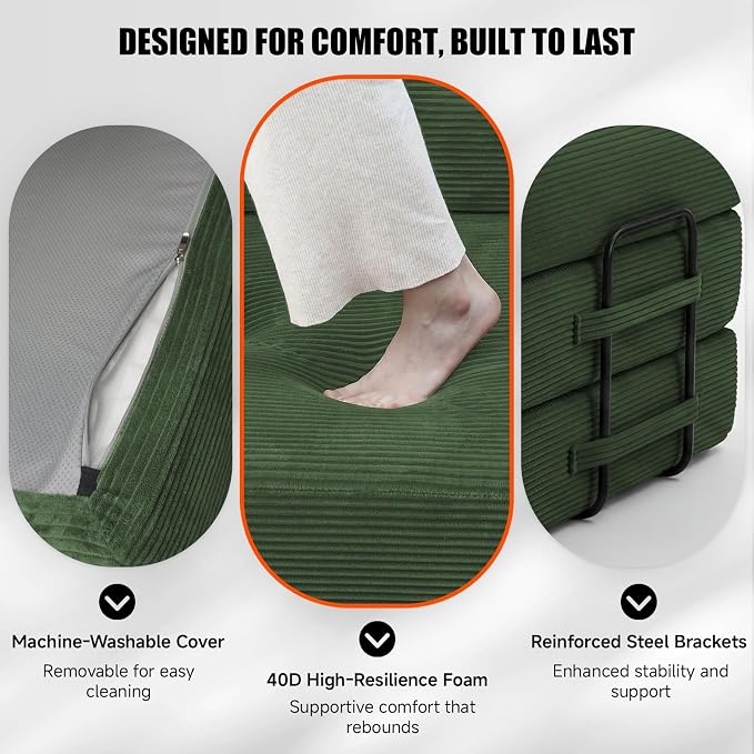 79" Convertible Sleeper Sofa Bed, Corduroy Boneless Fold-Out Couch in a Box, 4-in-1 Loveseat/Futon Couch, High-Density Foam, No Assembly, Side Pockets, 2 Pillows for Small Spaces, Dark Green