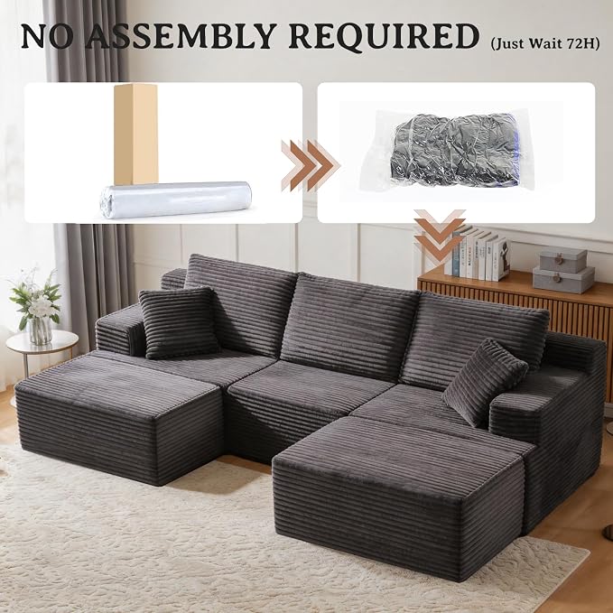 103" Modular Sectional Sofa, Comfort U Shaped Boneless Couch for Living Room, Extra Deep Seats No Assembly, Corduroy (Grey, 3 Seater + 2 Ottomans