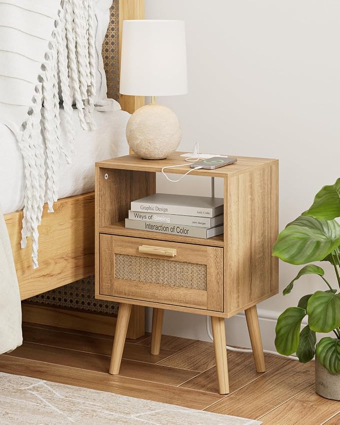 Aienvey Rattan Nightstand with Charging Station, Small Night Stand, Side Table with Drawer Open Shelf, Cane Accent Bedside End Table with Wood Legs, Modern Nightstand for Bedroom, Oak (Modern)